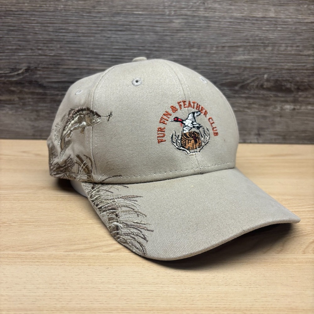 Fur Fin Feather Club Hat Cap Strap Back Beige Hunting Fishing Outdoor